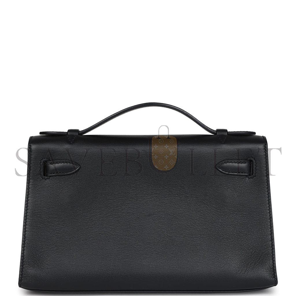 HERMÈS KELLY POCHETTE BLACK WITH VELVET GREEN SWIFT PALLADIUM HARDWARE (22*14*7cm) 